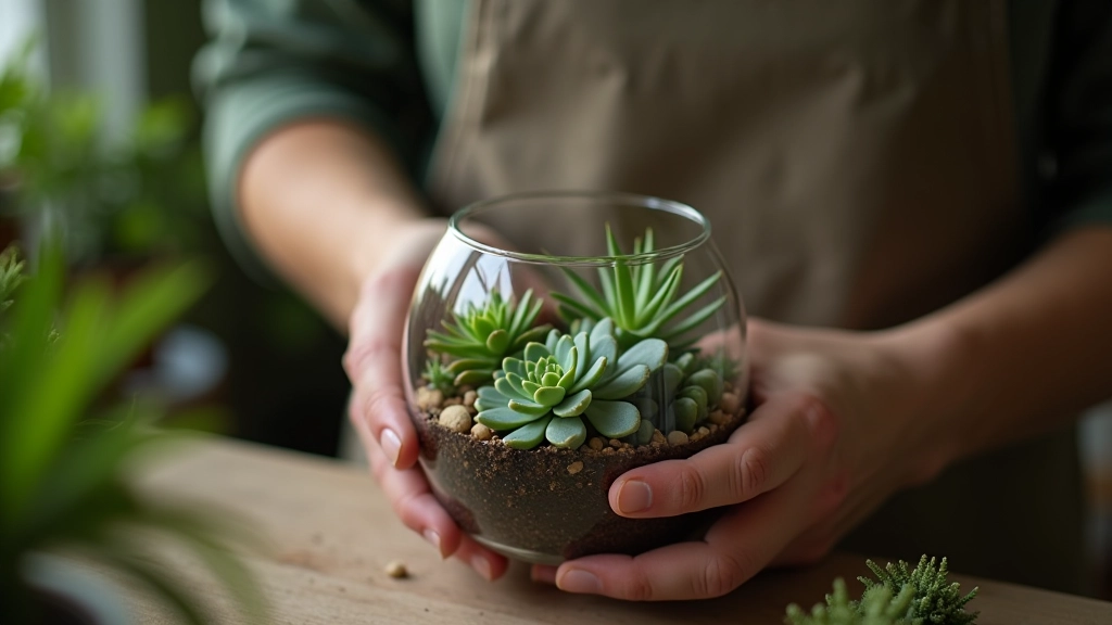 Artisan hands creating a handmade glass terrarium