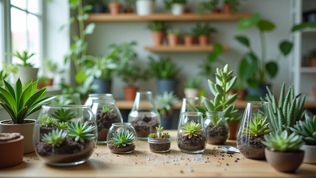 quantbell workspace with terrarium materials and plants