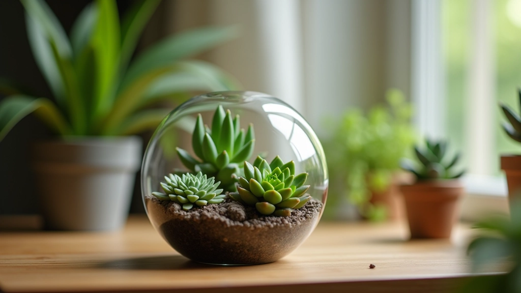 Close-up of miniature succulent plants arranged inside a geometric glass terrarium on a wooden surface