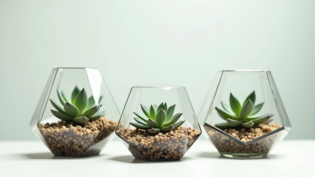 Three different sized glass terrariums arranged in a row showing small, medium, and large options with succulent arrangements inside