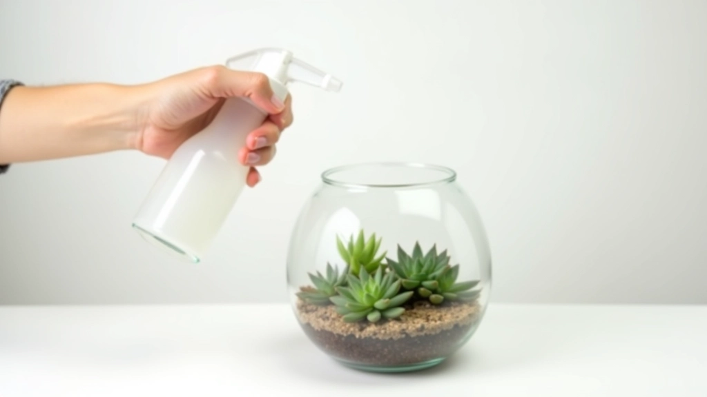Hand holding a spray bottle next to a glass terrarium with small succulent plants, demonstrating light misting technique