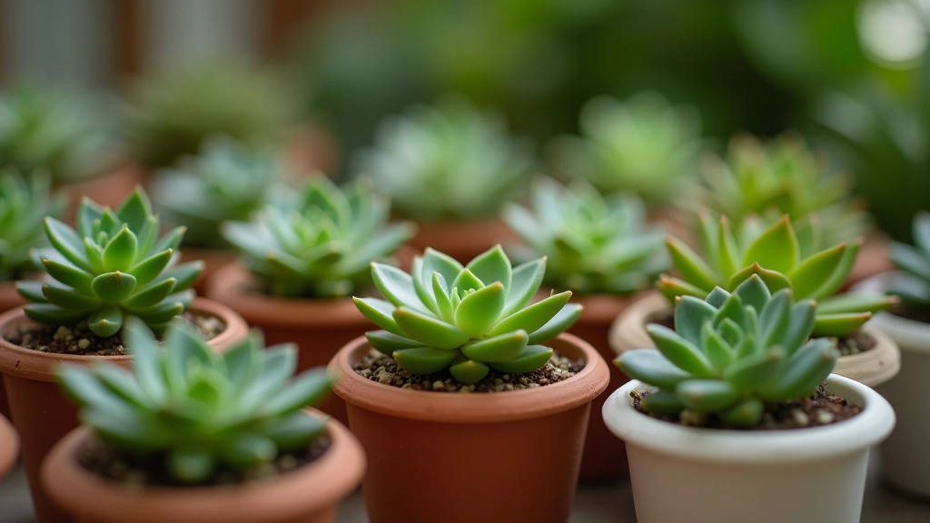 Variety of succulent plants in small pots demonstrating different species suitable for glass terrariums